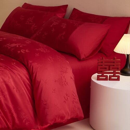 100S长绒棉结婚四件套红色w竹子提花纯棉被套床单全棉被囍床上用