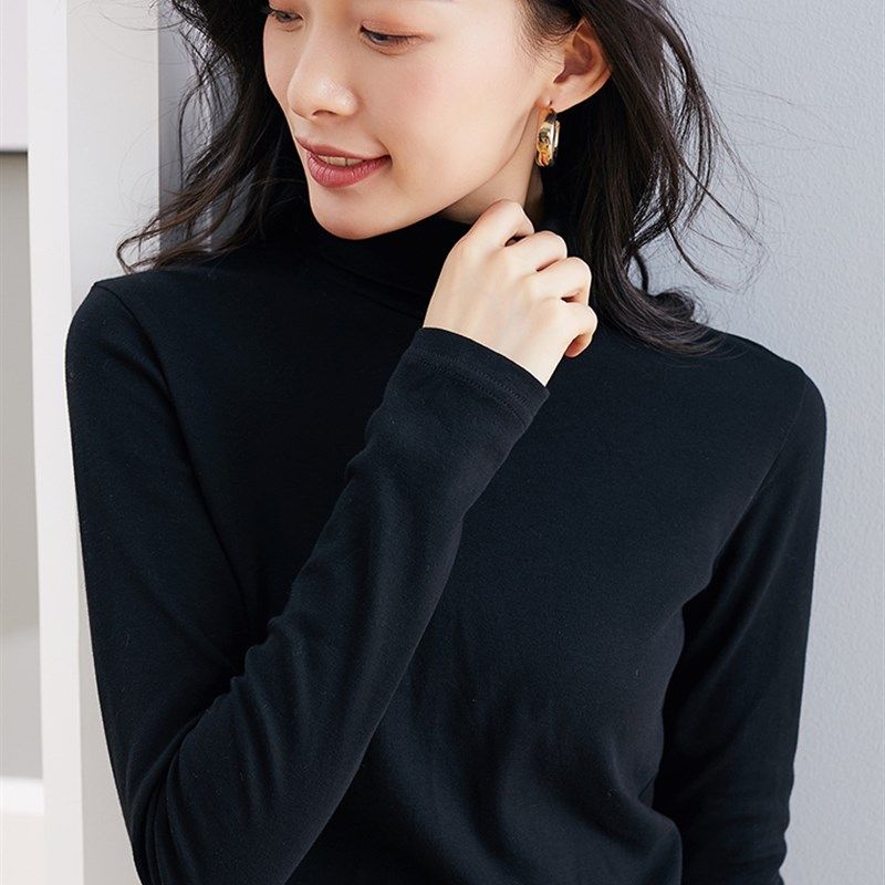 柔软亲肤纯棉纯色黑色高领打底衫女 长袖春秋宽松常规加厚大码T恤