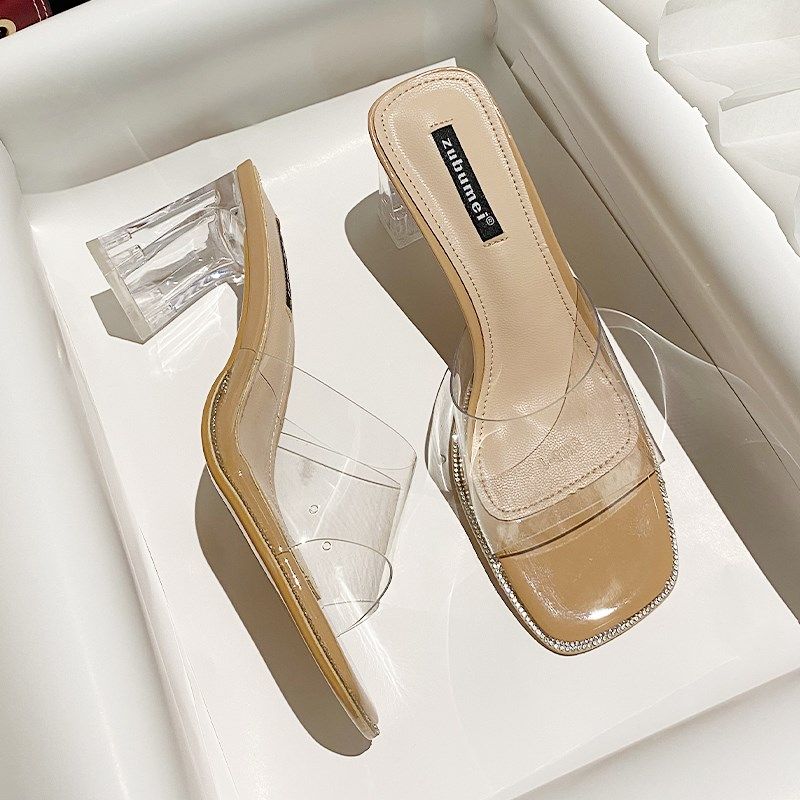 露趾外穿透明软胶时尚凉拖鞋女粗跟水钻气质透明凉鞋方头水晶高跟,女鞋,一字拖,淘宝优惠券,粉丝福利购,淘宝优惠卷