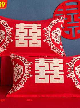 厂家全棉40股结婚大红色多层纱布透气情侣婚庆枕巾52x78一对