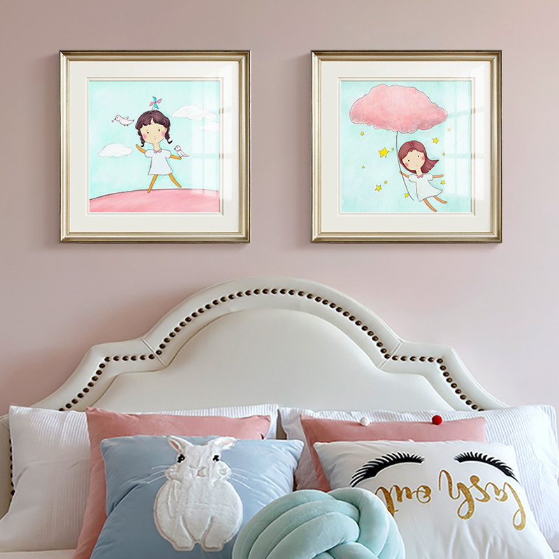 美式儿童房墙面挂画小女孩u卧室床头壁画简美卡通动物可爱装饰画