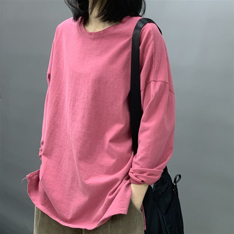 春季新款韩版宽松显瘦大码圆领长袖套头T恤衫中长T款加厚T女打底