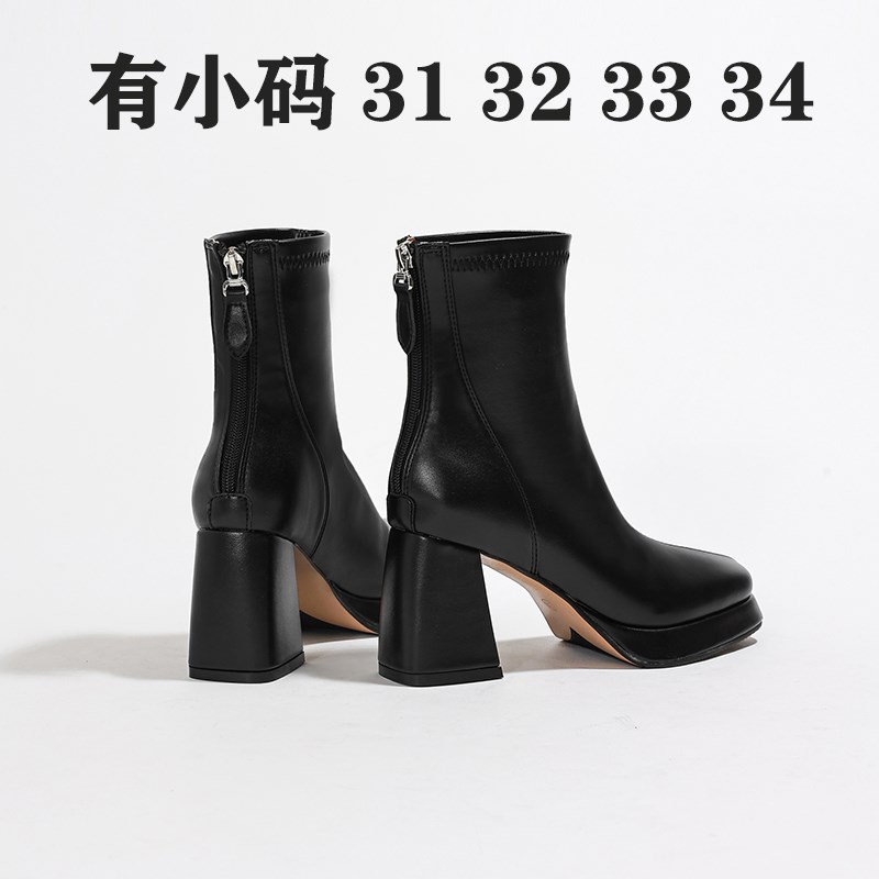 小码女鞋313233短靴女方头粗跟高跟鞋小个子马丁靴31 32 33码女靴