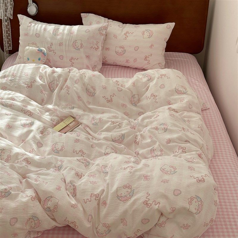 爱猫韩国女孩皱纱水洗棉四件套粉红色被套学生宿舍床单三件套,床上用品,床品套件/四件套/多件套,淘宝优惠券,粉丝福利购,淘宝优惠卷