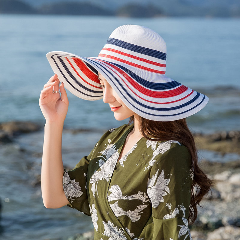 夏威夷a风情海边度假条纹大沿大檐草帽沙滩帽可折叠遮阳女太阳帽