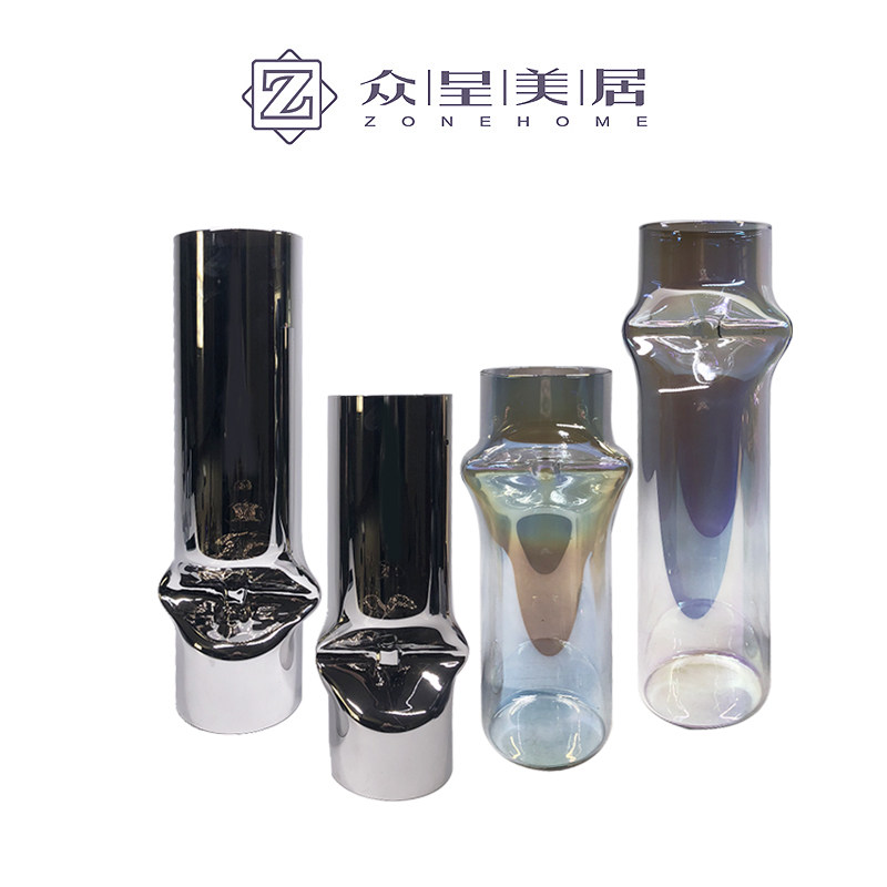 现代简约b欧式蓝色灰色玻璃管圆柱花器花瓶摆件样板房售楼处饰品