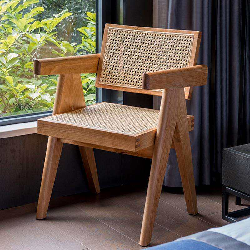 设计师民宿诧寂风藤编中古椅日式樱桃木昌迪加尔椅阳台休闲餐椅