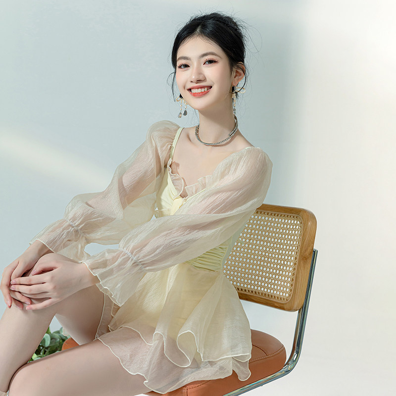 【月色朦胧】连体裙式遮肚显瘦保守温柔杏色仙气泳衣微胖女孩遮肉