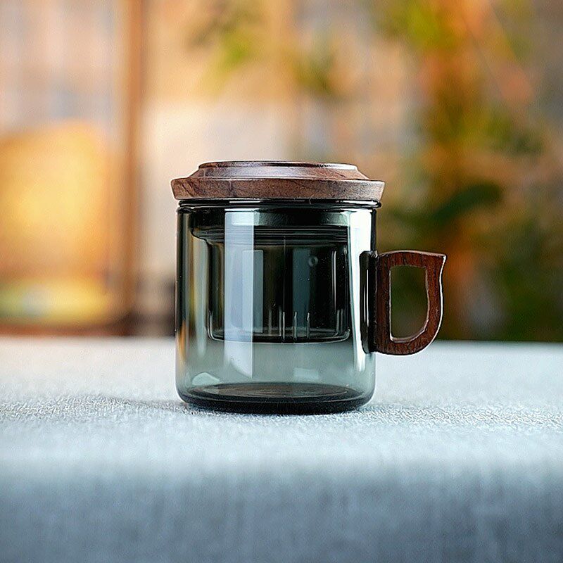玻璃茶杯防烫耐热茶水分离杯子木把带盖I办公家用过滤花茶杯三件