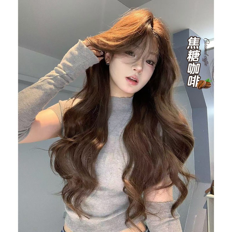 【焦糖咖啡】小额蕾丝发根-束y朵假发女中分刘海长卷发修脸全头套