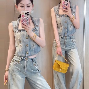 重工镶钻显瘦马夹阔腿裤 个性 女夏2025新款 牛仔套装 两件套 潮流无袖