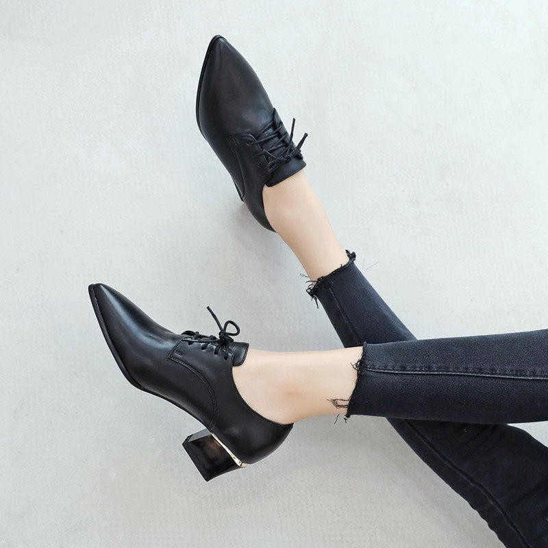 2021新款尖头粗跟单鞋女中跟深口系带女鞋子百搭工作小皮鞋高跟鞋,女鞋,浅口单鞋,淘宝优惠券,粉丝福利购,淘宝优惠卷