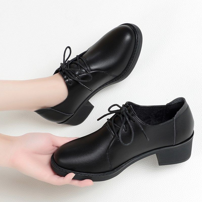 单鞋女粗跟2024新款秋季百搭深口系带妈妈鞋英伦风加绒中跟工作鞋,女鞋,深口单鞋,淘宝优惠券,粉丝福利购,淘宝优惠卷