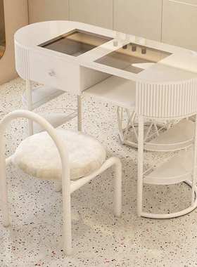 奶油风美甲桌白色灰色经济型玻璃单双人网红轻奢美甲台美甲店套装