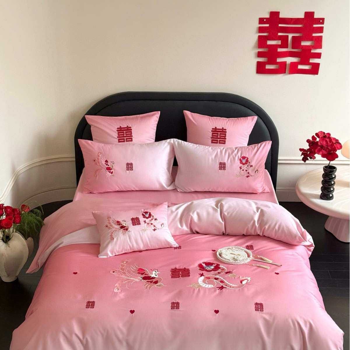 渐变粉色龙凤婚庆四件套通S长绒棉结婚全棉纯棉被套陪嫁床