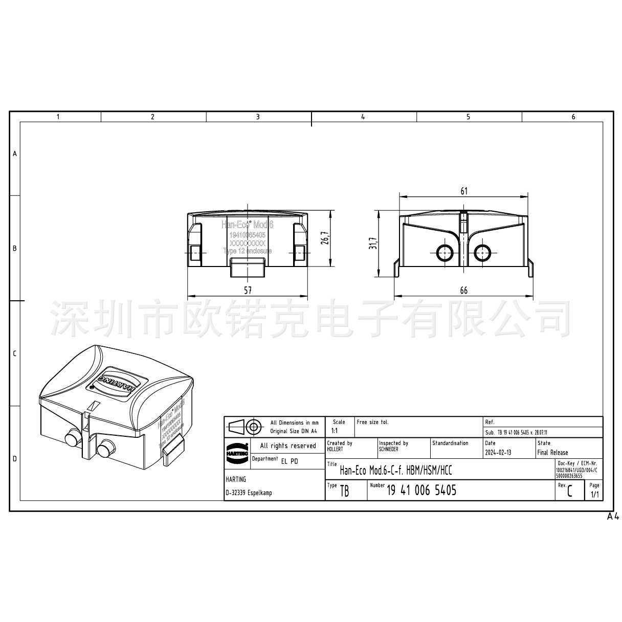 HARTING浩亭19410065405哈丁矩形连接器Han-Eco Modular保护盖
