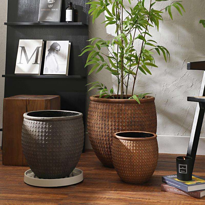 复古浮雕圆罐镁泥特大号花盆庭院民宿落地绿植大花器天堂鸟琴叶榕