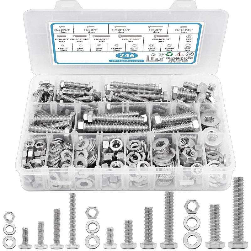 跨境货源246pcs美制304不锈钢外六角螺丝螺栓配螺母平垫组合套装