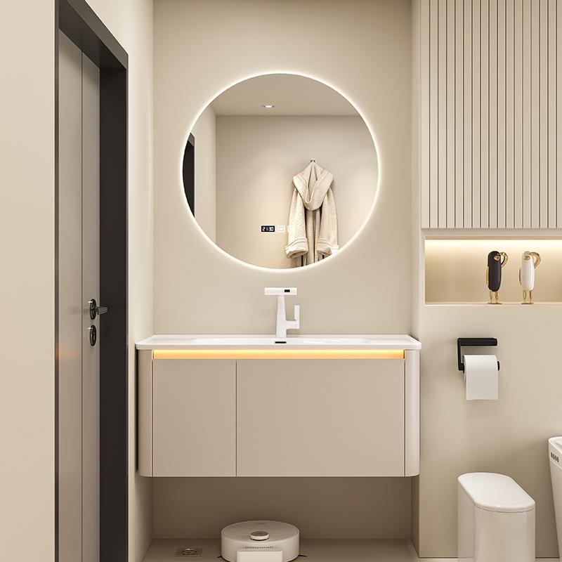 奶油风欧罗芬浴室柜·UX系列智能美妆收纳镜柜实木免漆陶瓷一体盆