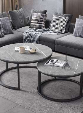 家用岩板茶几组合简约现代客厅灰色花几小户型多功能圆形