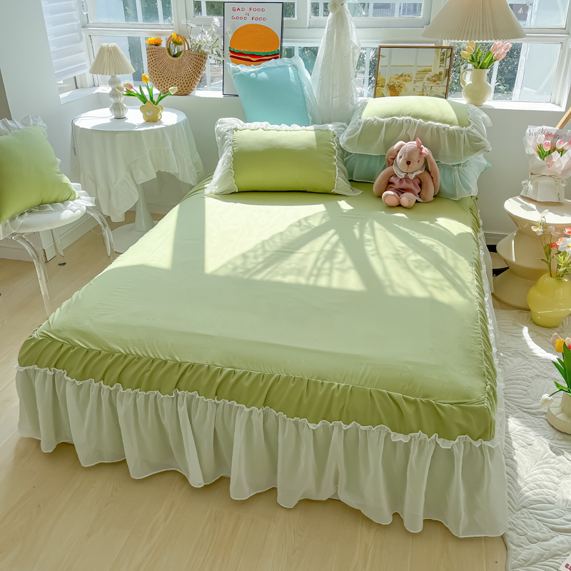 春夏雪纺木耳边床裙单件韩式少y女心床罩双人学生宿舍单人防尘垫