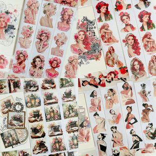 小花妈咪新品胶带整卷欧美人物繁花微醺女孩复古背景色块手帐贴纸