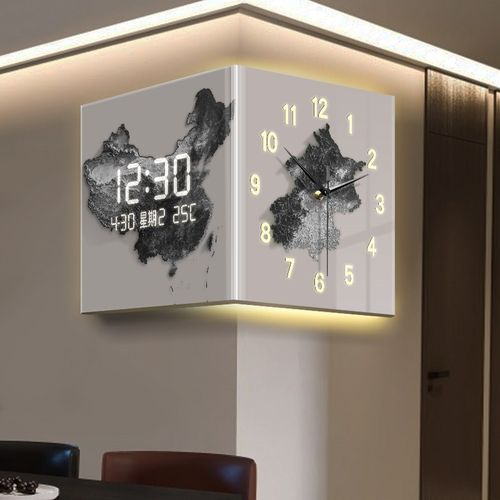 简约现代挂钟客厅转角双r面时钟个性创意数显屏电子钟表挂画家用