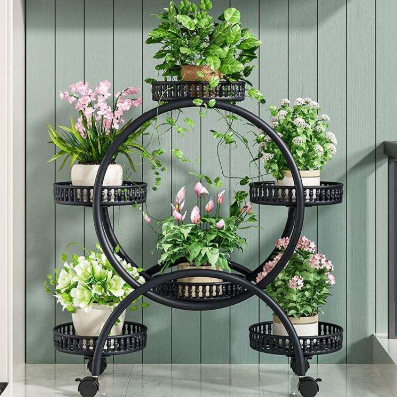 花架子客厅落地式阳台花架多层圆形带轮移动铁艺摆放置物架花盆架