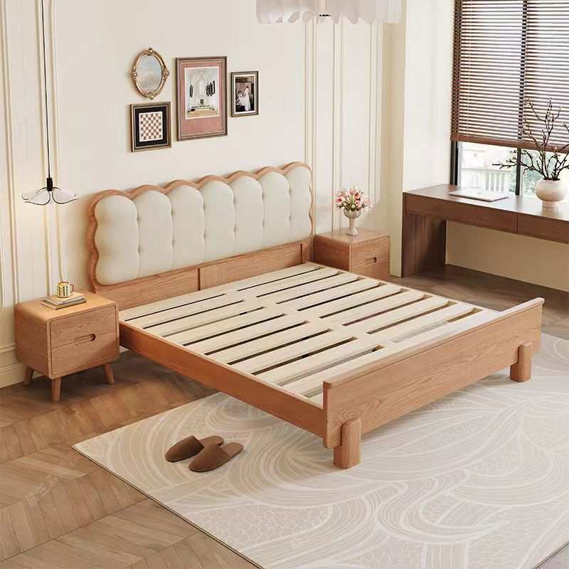 白蜡木实木床中古风1.8米单双人床主卧家用1.5米奶油风软靠婚床