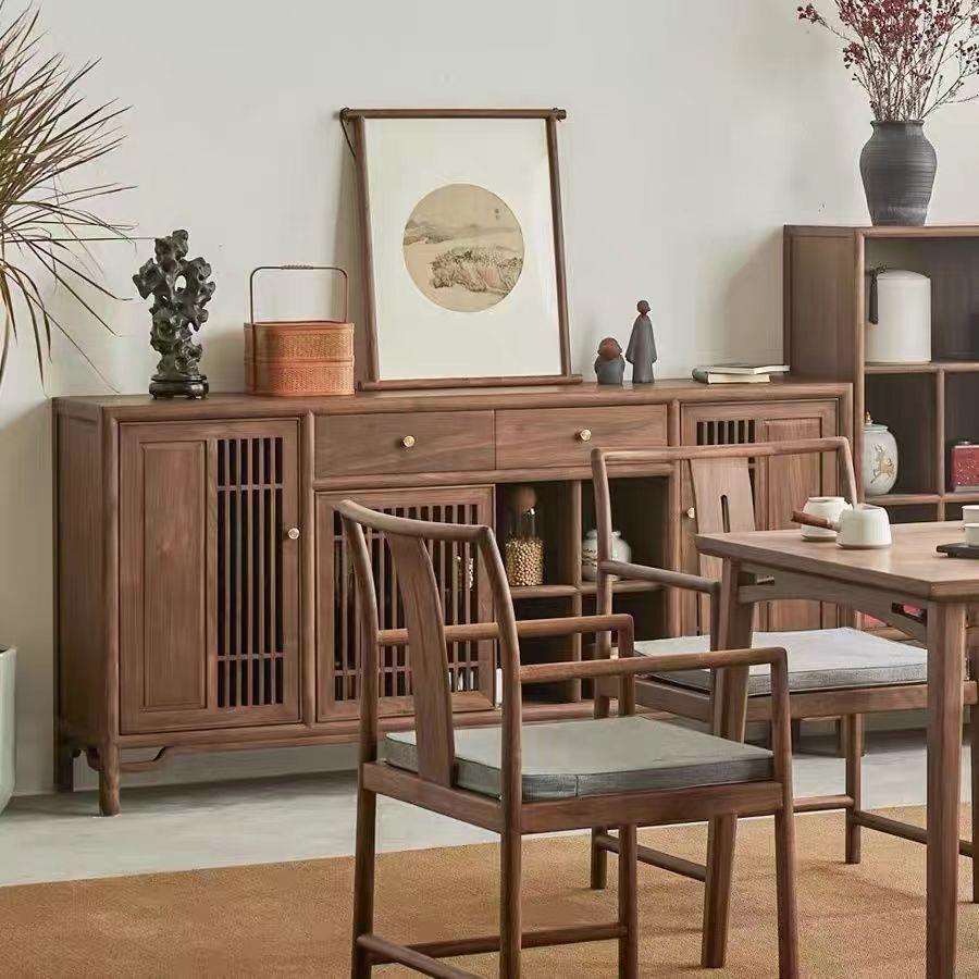 新中式实木餐边柜边柜老榆木玄关柜茶室边柜黑胡桃木储物柜收纳柜