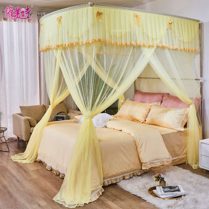 维美诗升降可伸缩j蚊帐三开门落地U型不绣钢支架家用导轨加厚床帘