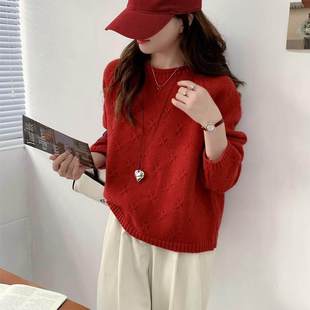2026新款新年毛衣女秋冬复古氛围感穿搭上衣针织开衫圆领毛衣L