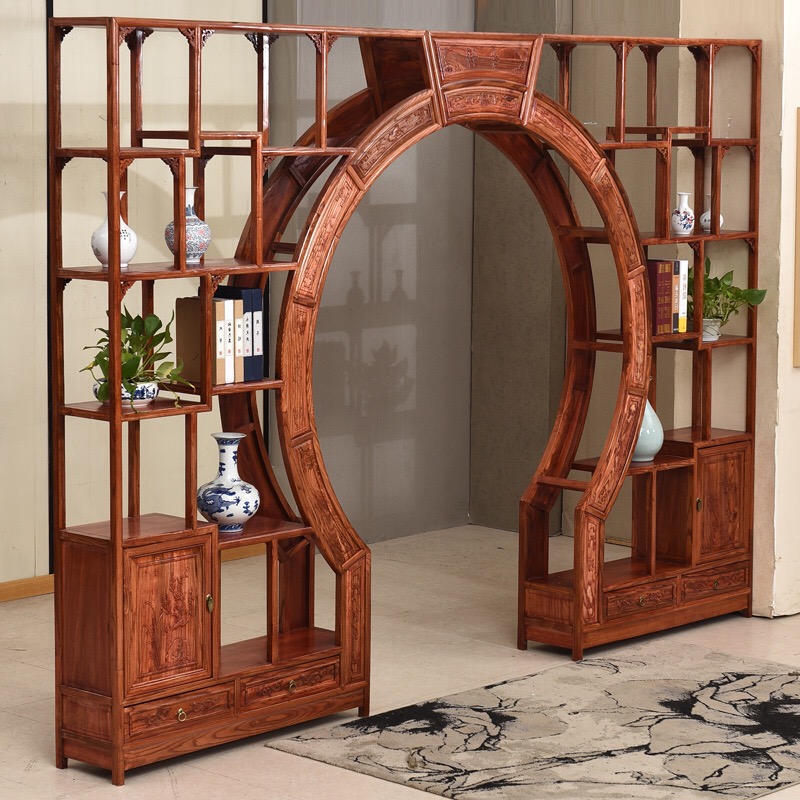 中式仿古实木置物架古董柜榆w木门厅隔断月洞门博古架实木禅意加