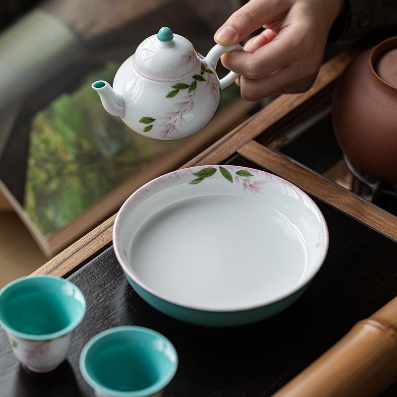 观岚纯手绘紫藤花壶承陶瓷茶壶托盘盖碗底托松石绿茶点盘小托盘