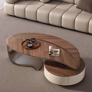 轻奢实木茶几极简现代简约岩板创意树叶家用茶几电视柜新岩素