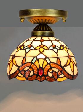 欧琈蒂凡尼复古20CM彩色玻璃过道走廊阳台小吸顶灯黄色巴洛克灯