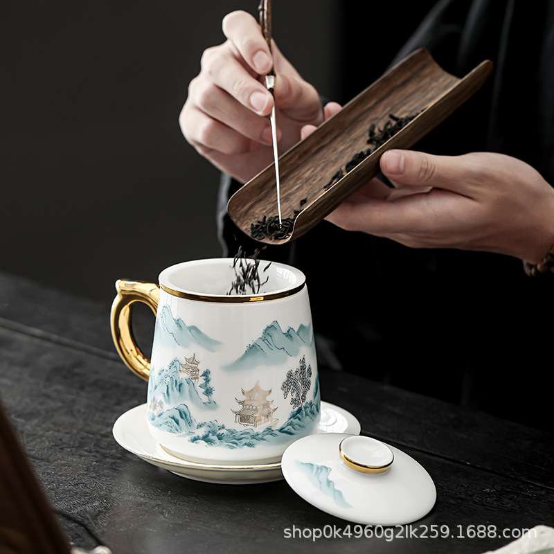 亿唐陶瓷带盖办公个人会议茶水分离描金办公杯羊脂玉过滤商务送礼