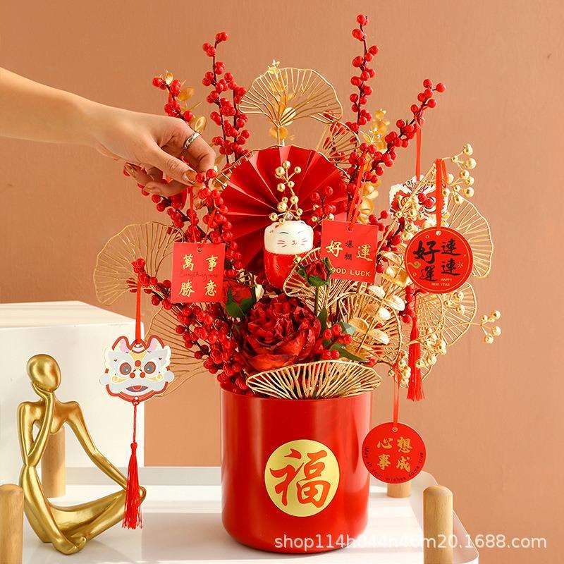 喜庆福桶春节过新年装饰花发财果红果仿真花插花假花圣诞装饰摆件
