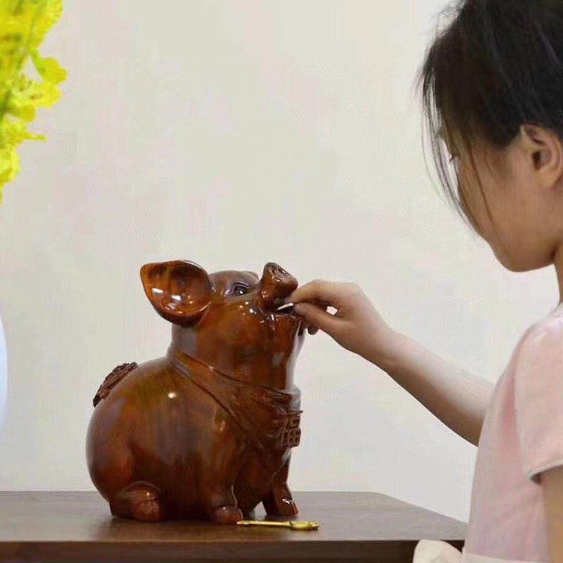 花梨木福在眼前木质福猪储蓄罐儿童只进不出存钱罐客厅实木雕摆件