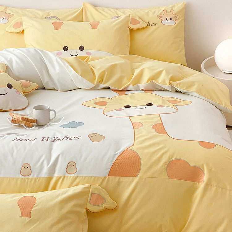 长颈鹿儿童款磨毛四件套全棉纯棉100S加厚被套罩秋冬床品