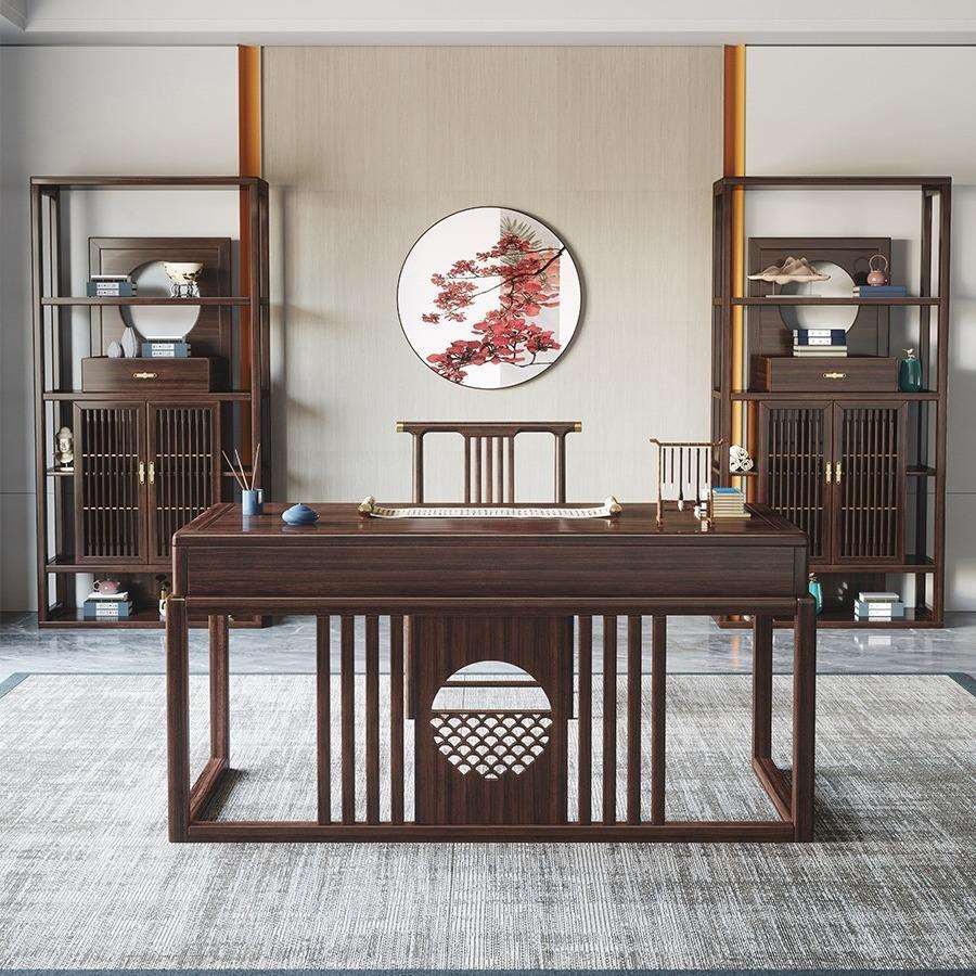 新中式乌金木全实木书桌套装组合禅意书法桌书画桌写字台书房家具