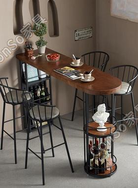 CSP2美式乡村铁艺实木吧台隔断靠墙奶茶店休闲吧咖啡高脚桌椅