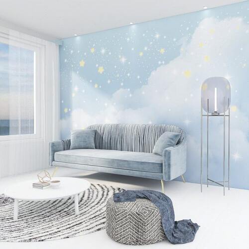 北欧男孩女孩卡通儿童房梦幻星空墙纸简约温馨卧室背景墙壁画壁纸