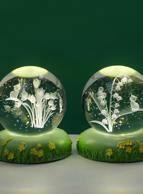 花朵水晶b球小夜灯摆件郁金香玫瑰康乃馨装饰品送人七夕节生日礼