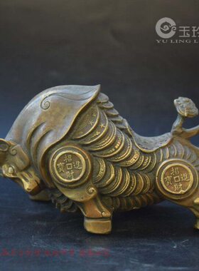 黄铜牛小摆件招财钱串铜牛摆饰古玩铜器铜雕牛家饰车饰摆件生肖牛