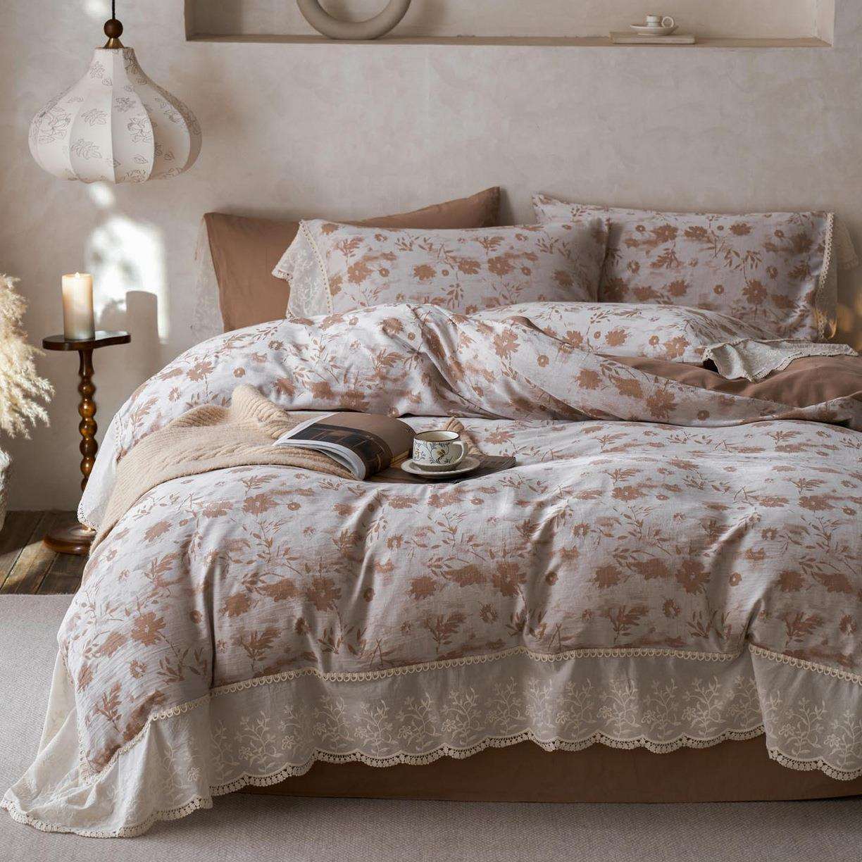 冬季法式A类全棉磨毛色织提花四件套100纯棉花边被套床上床单床笠