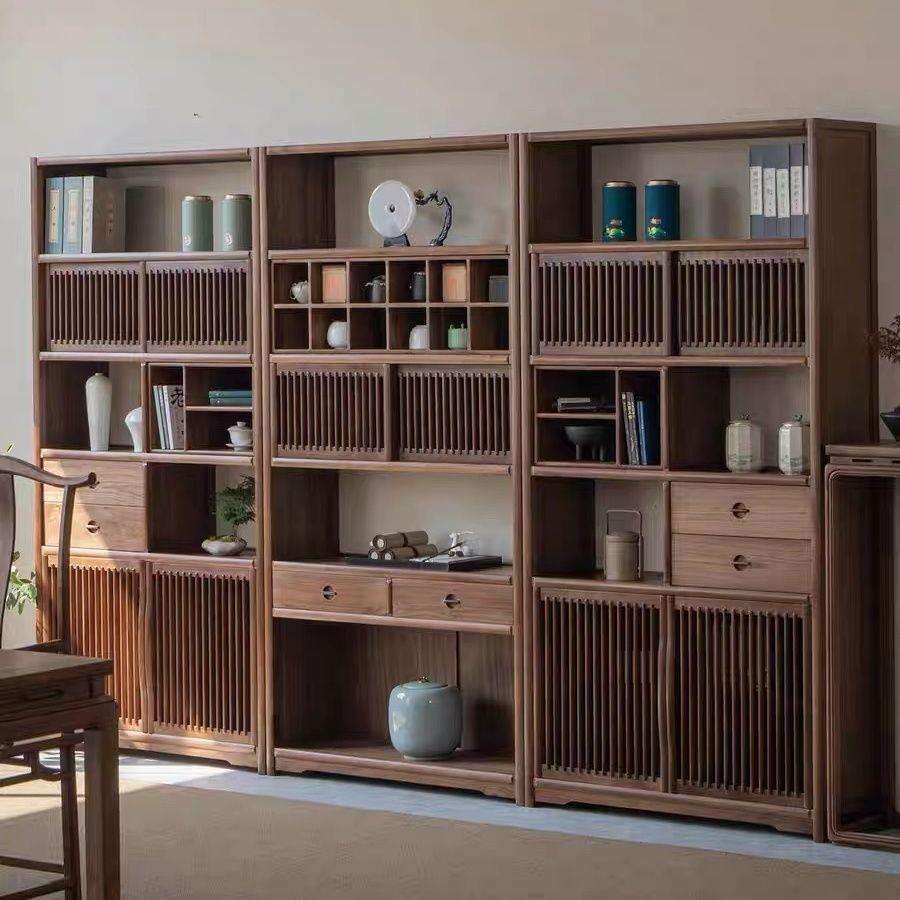 新中式实木博古架黑胡桃色书柜展示柜老榆木多宝阁书架茶室置物架