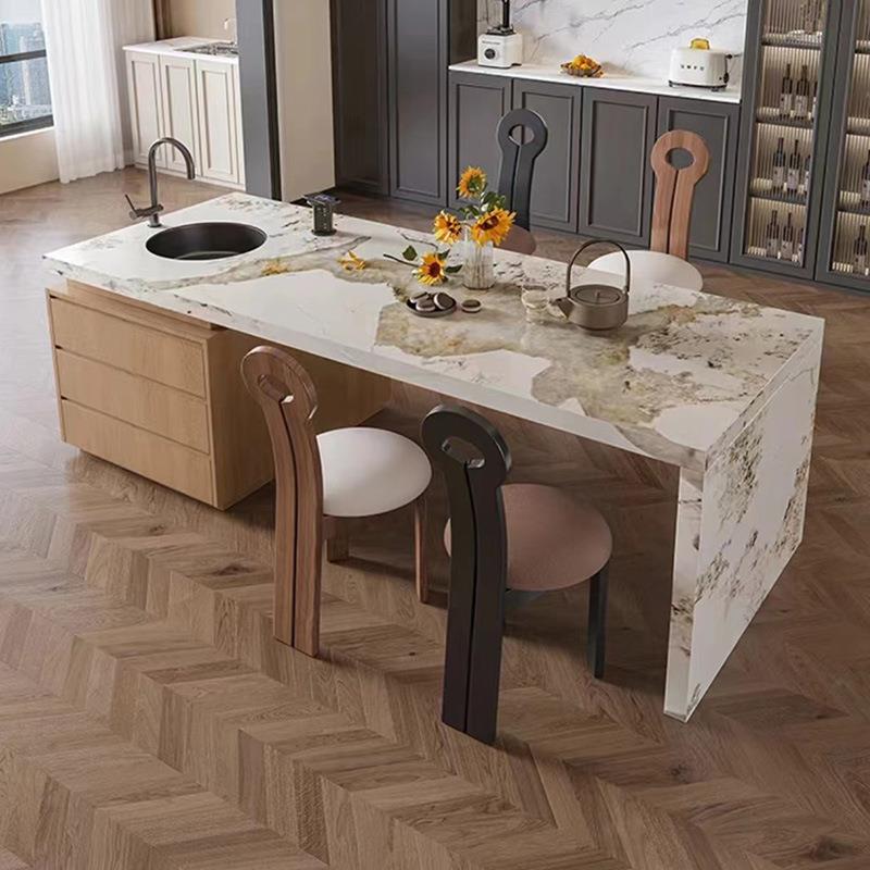 齐平款岩板岛台餐桌一体开放式厨房吧导操作茶盘水槽电磁炉小户型