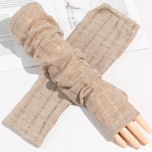 日系防晒手套美拉德宽松冰袖针织冰丝袖套女夏季镂空搭配亚麻棉麻