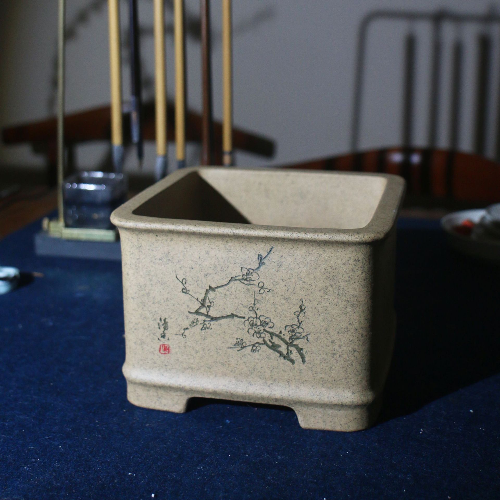 紫砂花盆正方四方精品手工刻绘绿植花卉盆景盆陆文梅名家盆